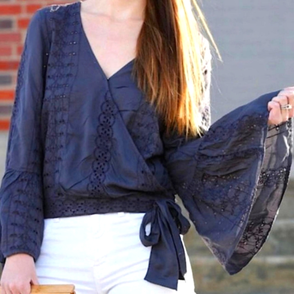 Charcoal Lace Bell Sleeve Faux Wrap Top American Eagle Outfitters copy